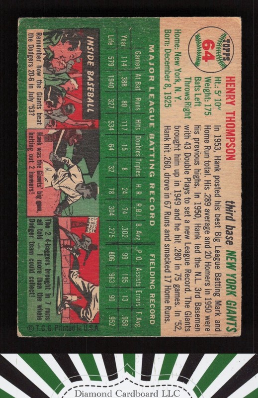 1954 Topps #64 Hank Thompson VG f, back