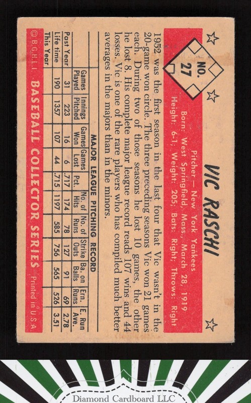 1953 Bowman Color #27 Vic Raschi VGEX a, back