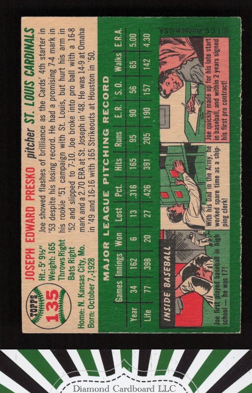 1954 Topps #135 Joe Presko EXMT k, back
