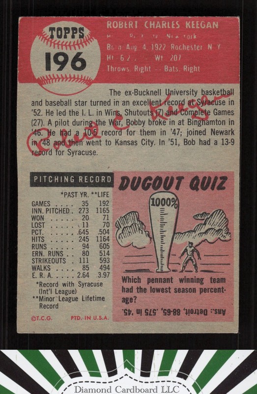 1953 Topps #196 Bob Keegan VGEX e, back