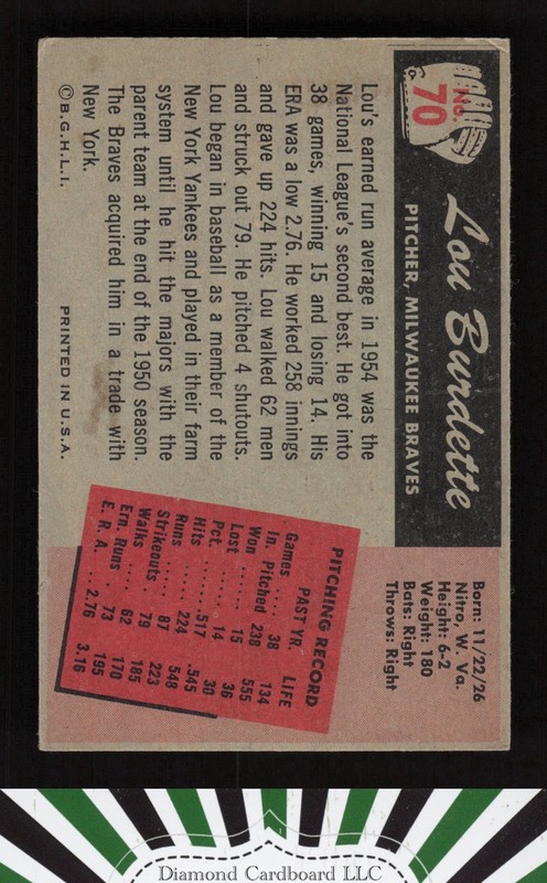 1955 Bowman #70 Lew Burdette VG, back