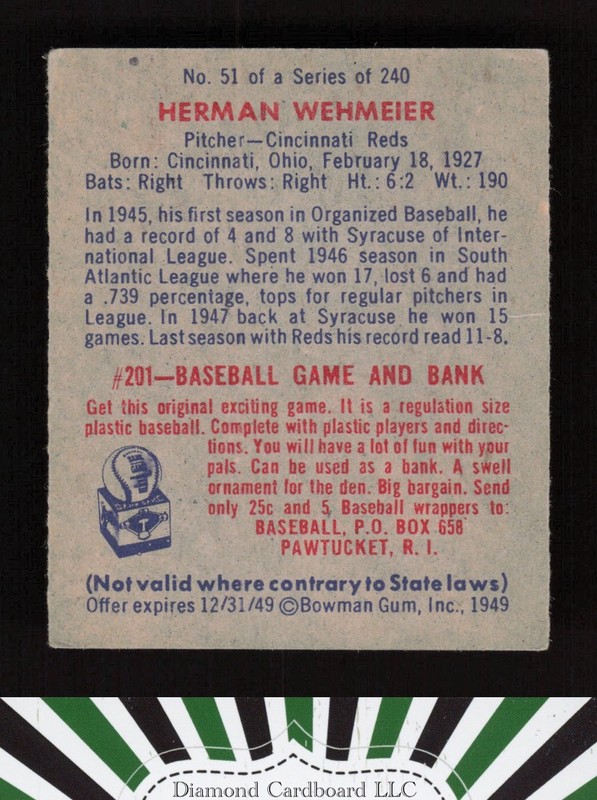 1949 Bowman #51 Herman Wehmeier VG c, back