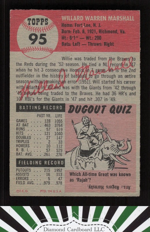 1953 Topps #95 Willard Marshall : Bio uses black text VG+ b, back