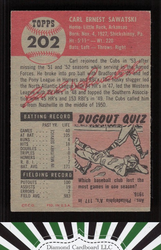 1953 Topps #202 Carl Sawatski VGEX e, back