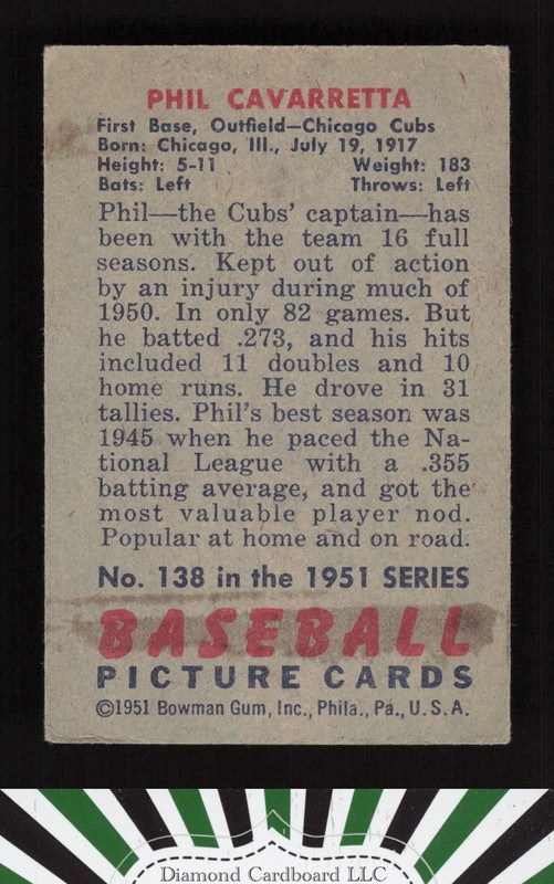 1951 Bowman #138 Phil Cavarretta VGEX, back