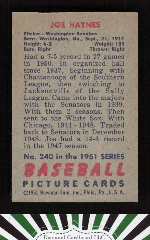 1951 Bowman #240 Joe Haynes VGEX+ [CENTERED], back