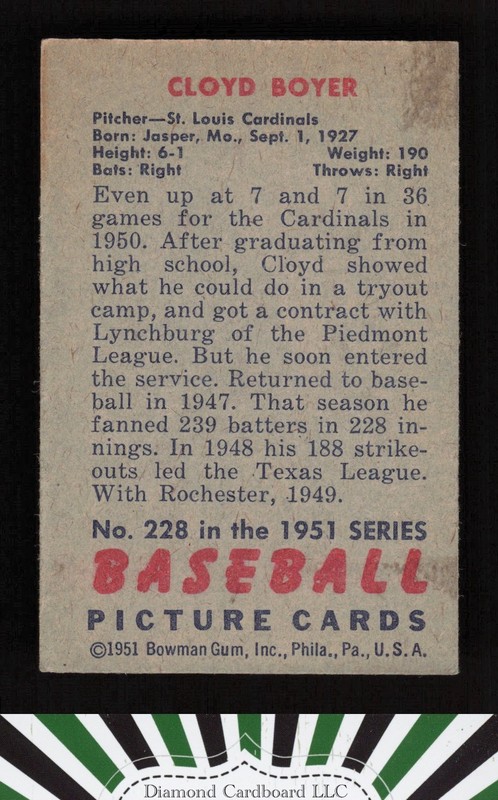 1951 Bowman #228 Cloyd Boyer VGEX, back