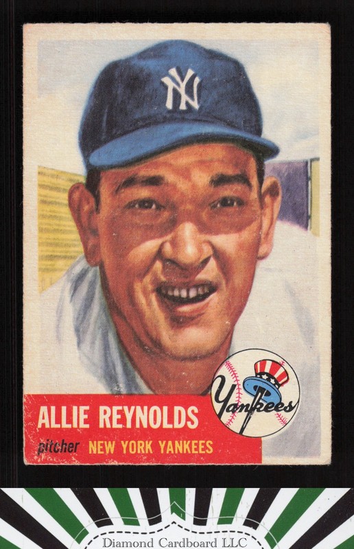 1953 Topps #141 Allie Reynolds : Bio uses white text GD+ c, front
