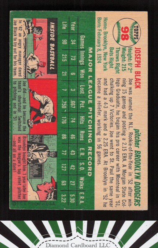1954 Topps #98 Joe Black VGEX+ [CENTERED] h, back