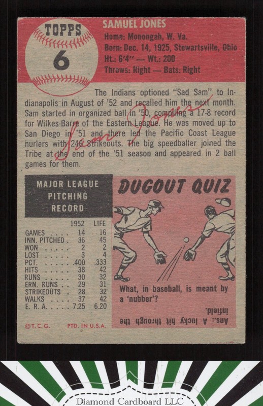 1953 Topps #6 Sam Jones VGEX h, back