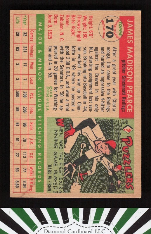 1955 Topps #170 Jim Pearce VGEX m, back