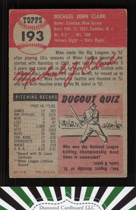 1953 Topps #193 Mike Clark GD c, back