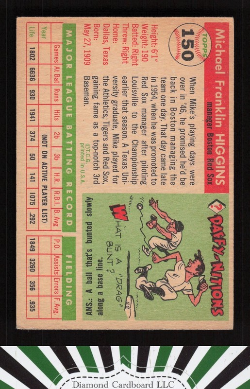 1955 Topps #150 Mike Higgins VGEX m, back