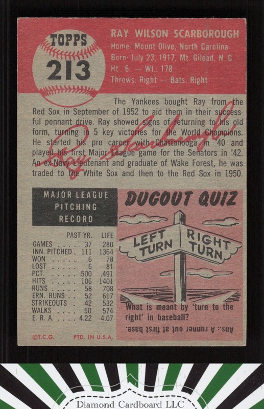 1953 Topps #213 Ray Scarborough VGEX+ f, back