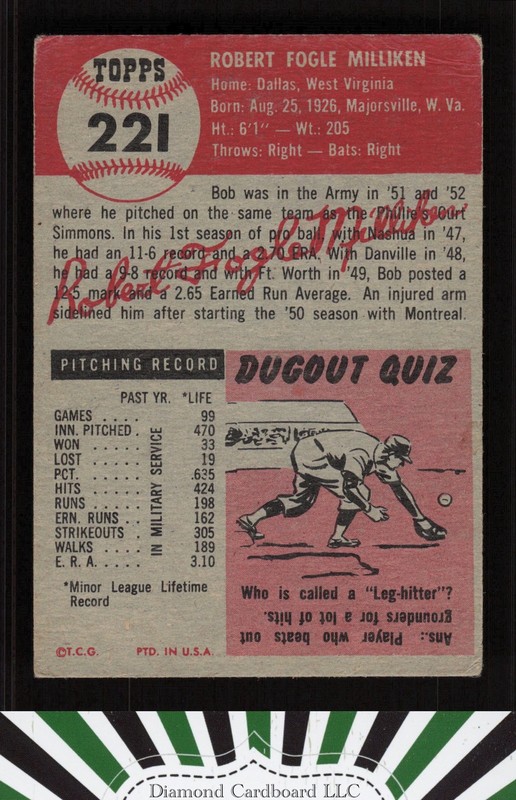 1953 Topps #221 Bob Milliken VG a, back