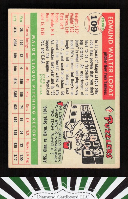 1955 Topps #109 Ed Lopat EX q, back