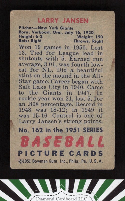 1951 Bowman #162 Larry Jansen GD+, back