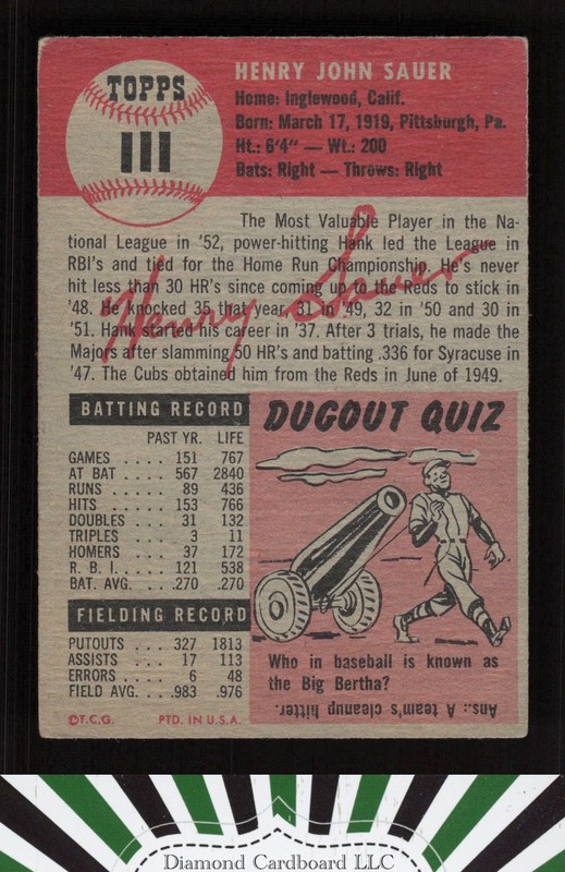 1953 Topps #111 Hank Sauer : Bio uses black text GD b, back
