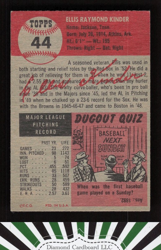 1953 Topps #44b Ellis Kinder EX g, back
