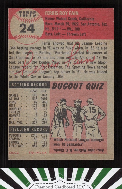 1953 Topps #24 Ferris Fain VGEX d, back
