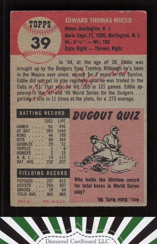1953 Topps #39 Eddie Miksis VGEX f, back
