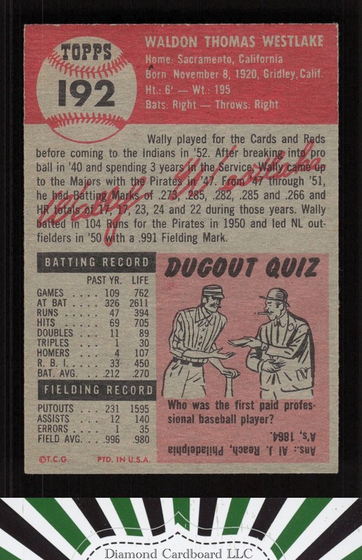 1953 Topps #192 Wally Westlake EX f, back