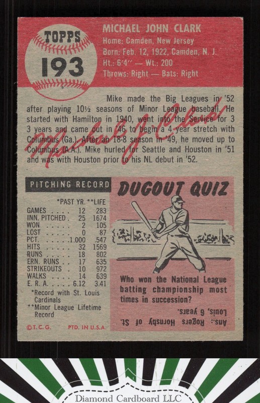 1953 Topps #193 Mike Clark VG+ [LOOKS NM] b, back