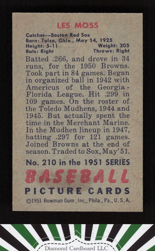 1951 Bowman #210 Les Moss VGEX+, back