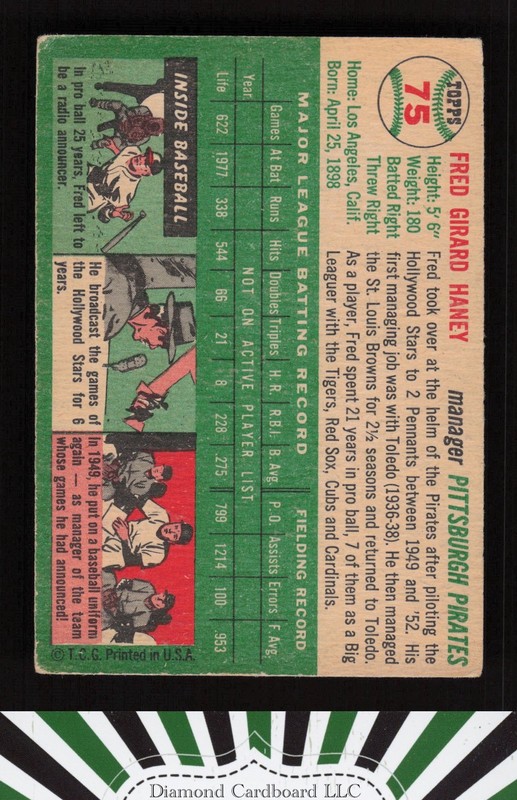 1954 Topps #75 Fred Haney VG d, back