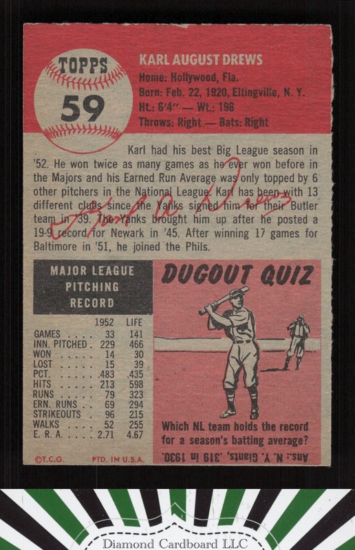 1953 Topps #59 Karl Drews EXMT h, back