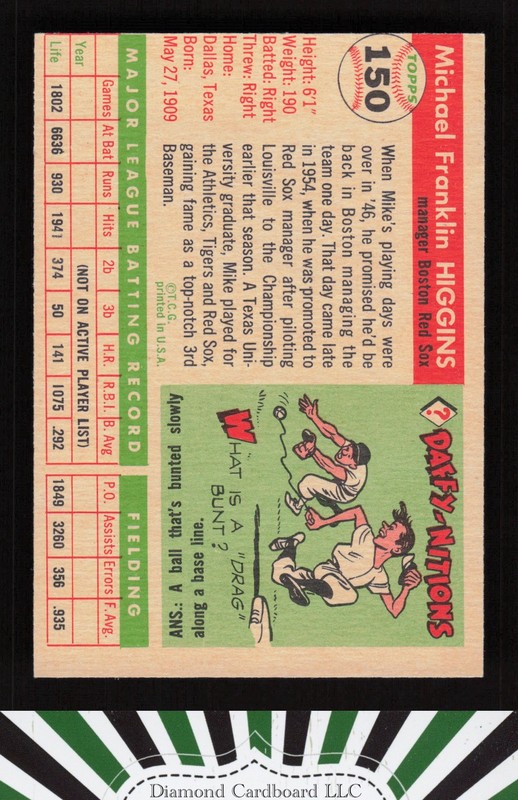 1955 Topps #150 Mike Higgins VG+ e, back