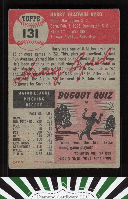 1953 Topps #131 Harry Byrd : Bio uses white text VGEX d, back