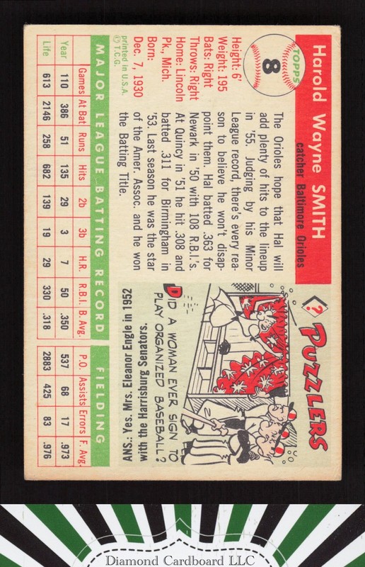 1955 Topps #8 Hal Smith VGEX i, back