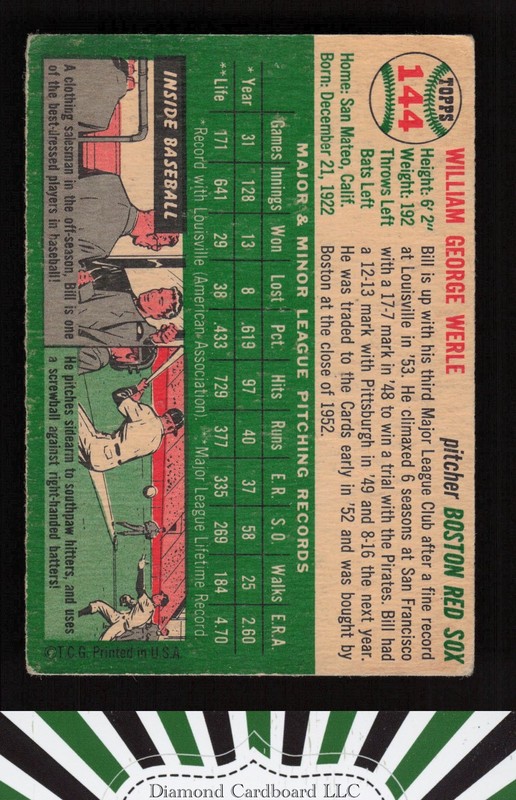 1954 Topps #144 Bill Werle VG j, back