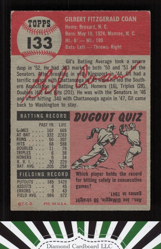 1953 Topps #133 Gil Coan : Bio uses white text GD+ e, back