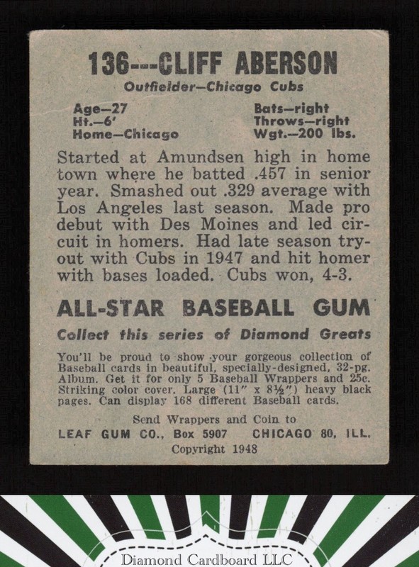 1948-49 Leaf #136 Cliff Aberson Full sleeve shirt VGEX a, back