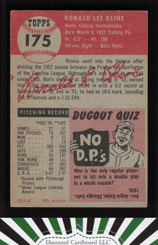 1953 Topps #175 Ron Kline VG b, back