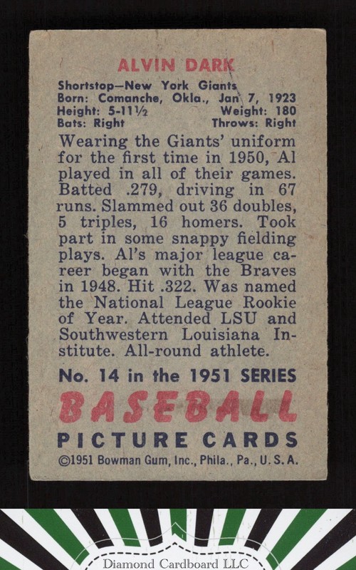 1951 Bowman #14 Alvin Dark VGEX, back
