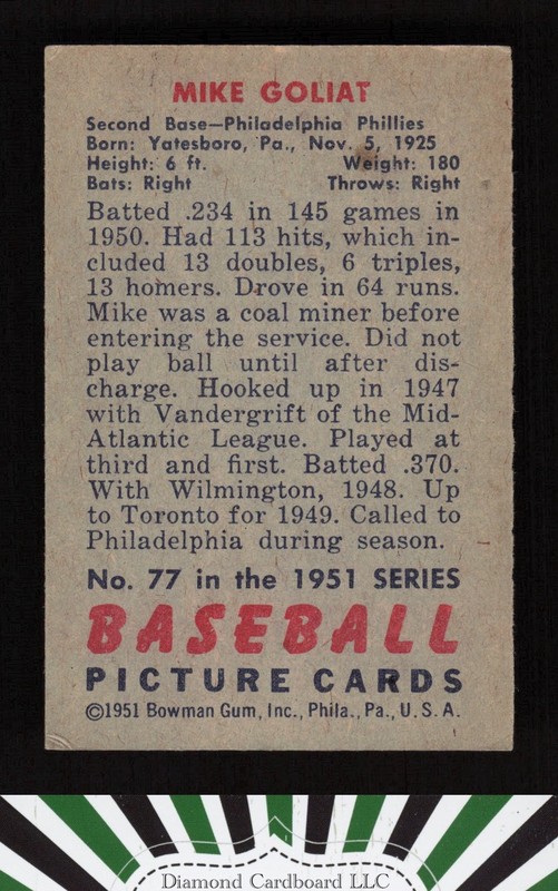 1951 Bowman #77 Mike Goliat VGEX, back