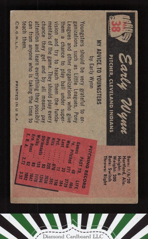 1955 Bowman #38 Early Wynn VGEX d, back