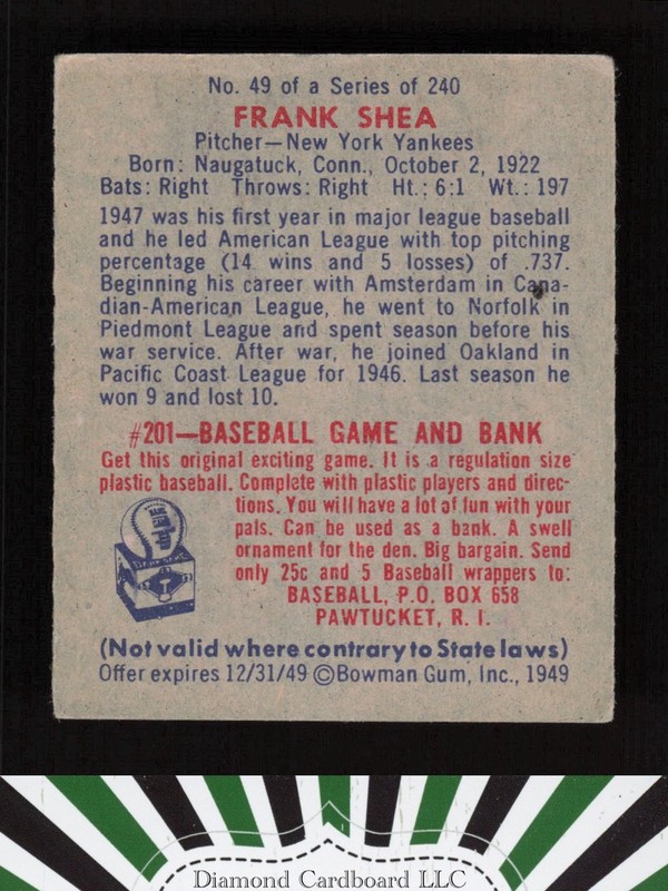1949 Bowman #49 Frank Shea VGEX d, back