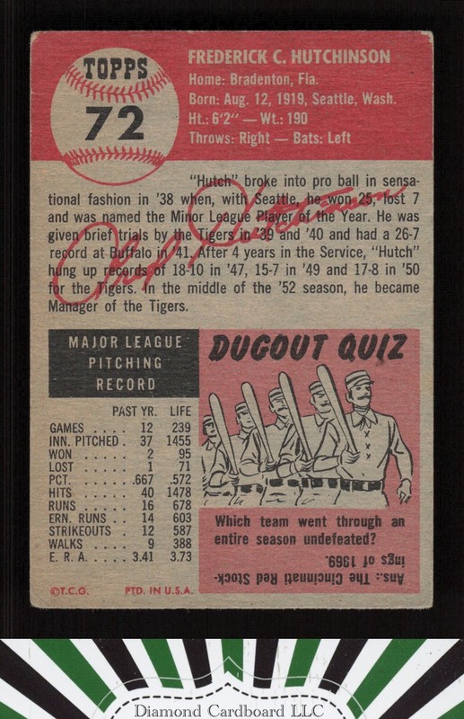 1953 Topps #72 Fred Hutchinson VGEX [CENTERED] d, back