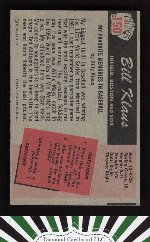 1955 Bowman #150 Billy Klaus VGEX, back
