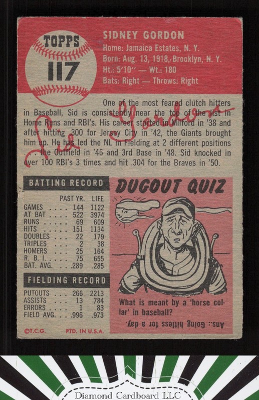 1953 Topps #117 Sid Gordon : Bio uses white text GD a, back