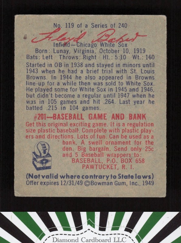 1949 Bowman #119 Floyd Baker GD+ a, back