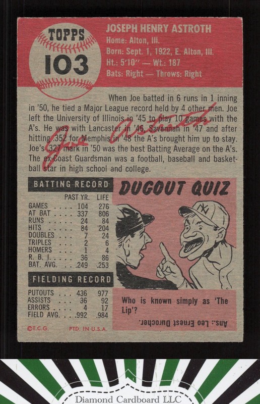 1953 Topps #103 Joe Astroth : Bio uses white text VGEX+ h, back