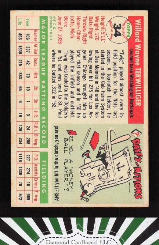 1955 Topps #34 Wayne Terwilliger VGEX p, back
