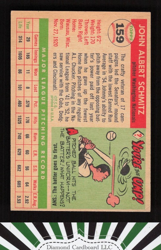 1955 Topps #159 Johnny Schmitz VGEX+ a, back