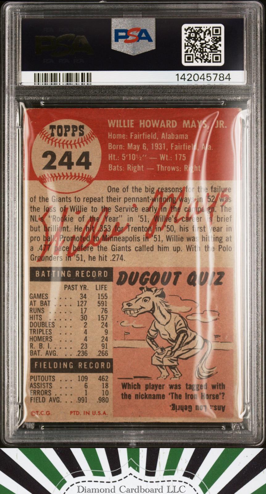 1953 Topps #244 Willie Mays PSA 3 [DEAD CENTERED], back