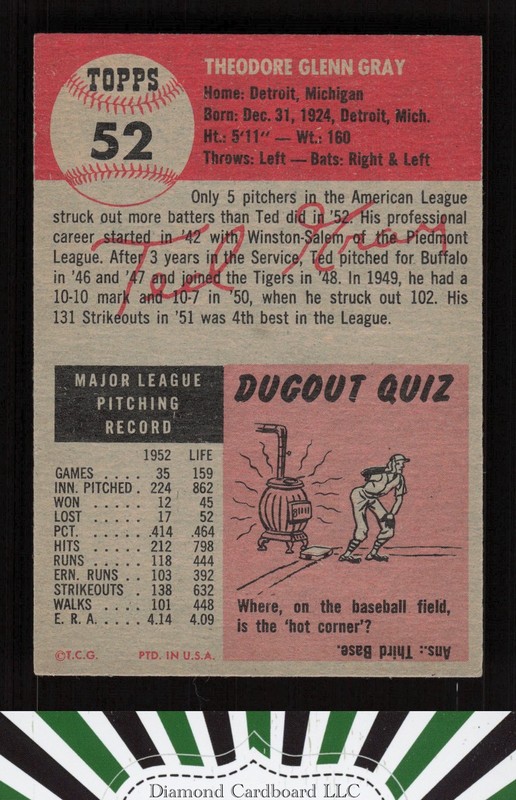 1953 Topps #52 Ted Gray EX [NICELY CENTERED] j, back